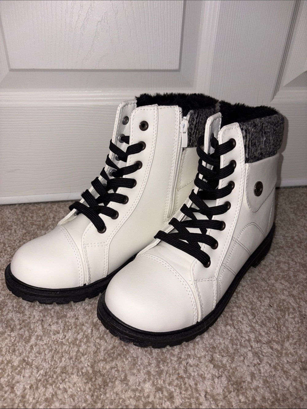 White Lace-Up Ankle Boots with Black Soles